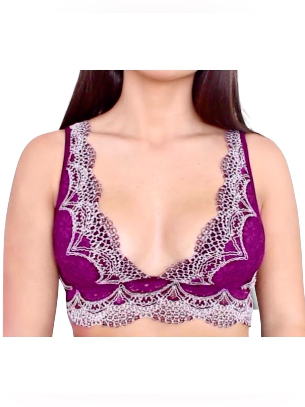 Victoria’s Secret Deep Plum Purple & Gray Lace Crocheted Bralette EUC Size XS